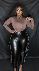 Faux Leather Pants with Side Ruffles