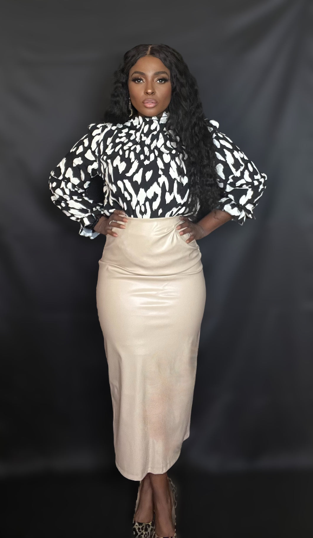 Faux Leather Pencil Skirt-Cream